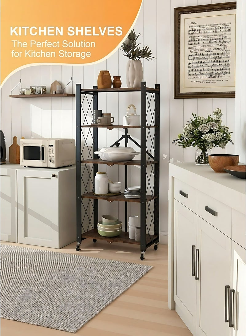 رف تخزين قابل للطي بخمسة مستويات مع عجلات، رف تنظيم متحرك محمول للمنزل والمطبخ والمكتب. - Image 5